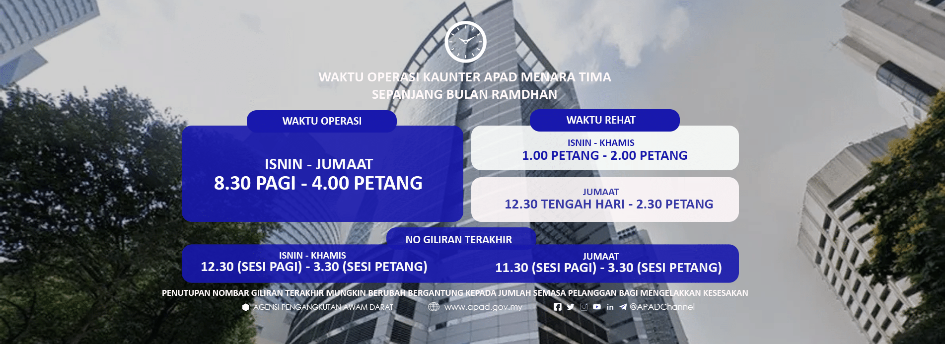 WAKTU OPERASI KAUNTER MENARA TIMA SEPANJANG RAMADHAN